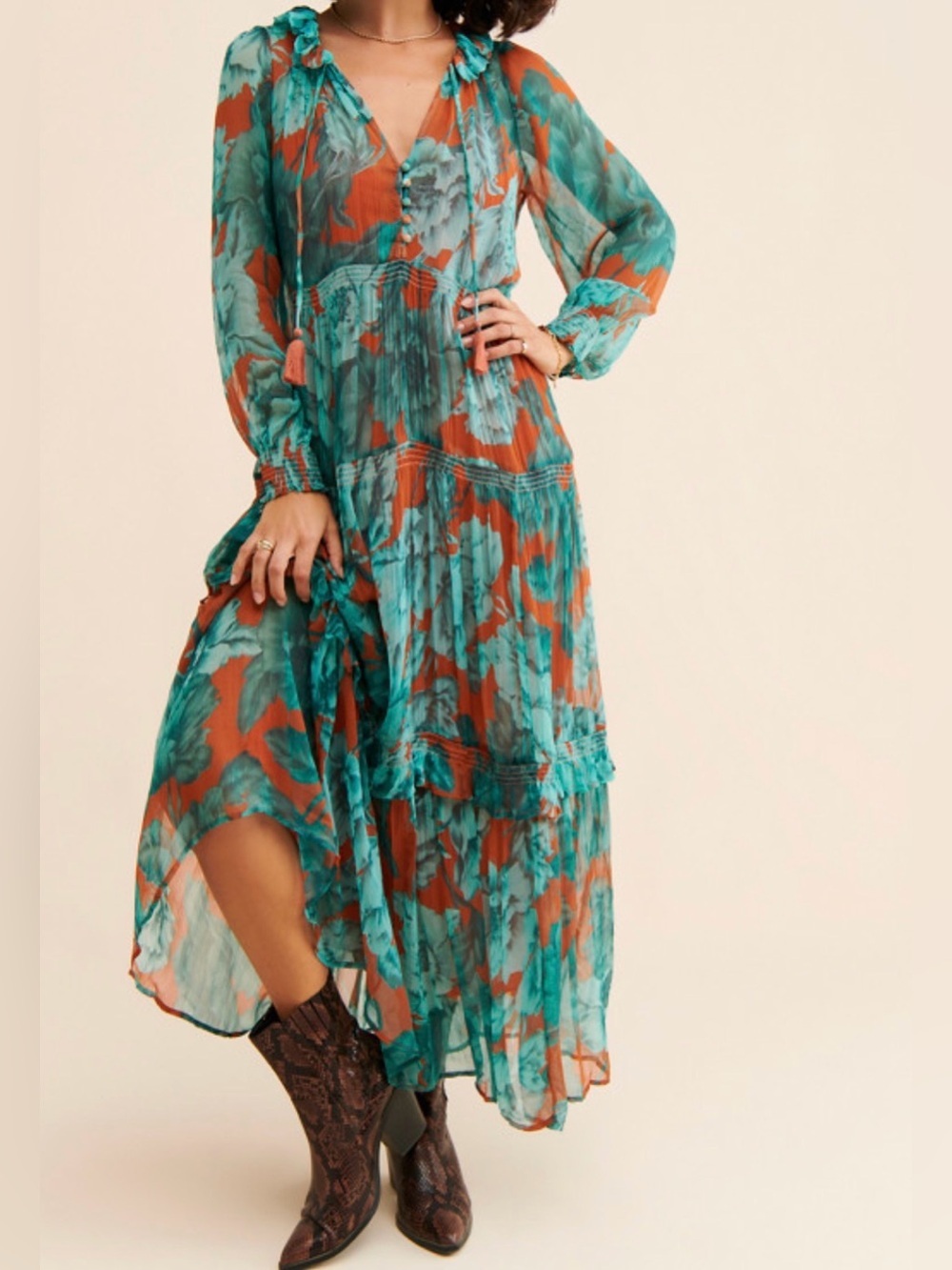 Anthropologie Teal and Rust Floral Tiered Maxi Dress